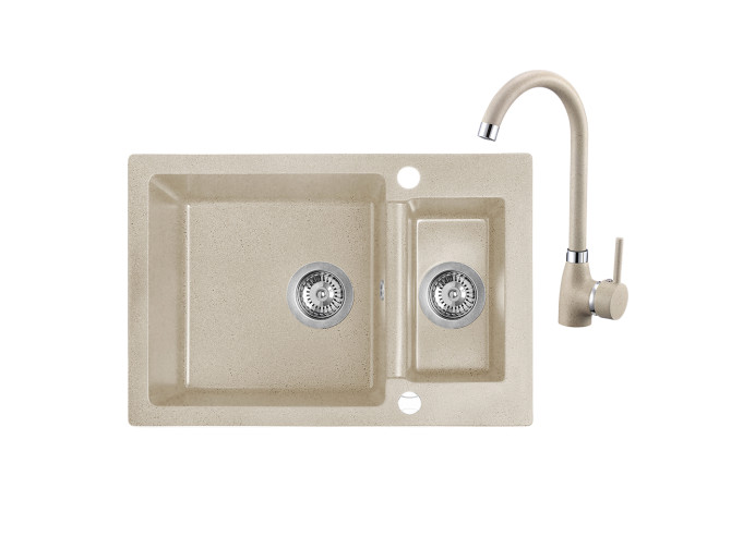 SET Spültischarmatur und Granitspüle 1,5-Becken in Beige CELIA 65x44 | Siphon im SET!